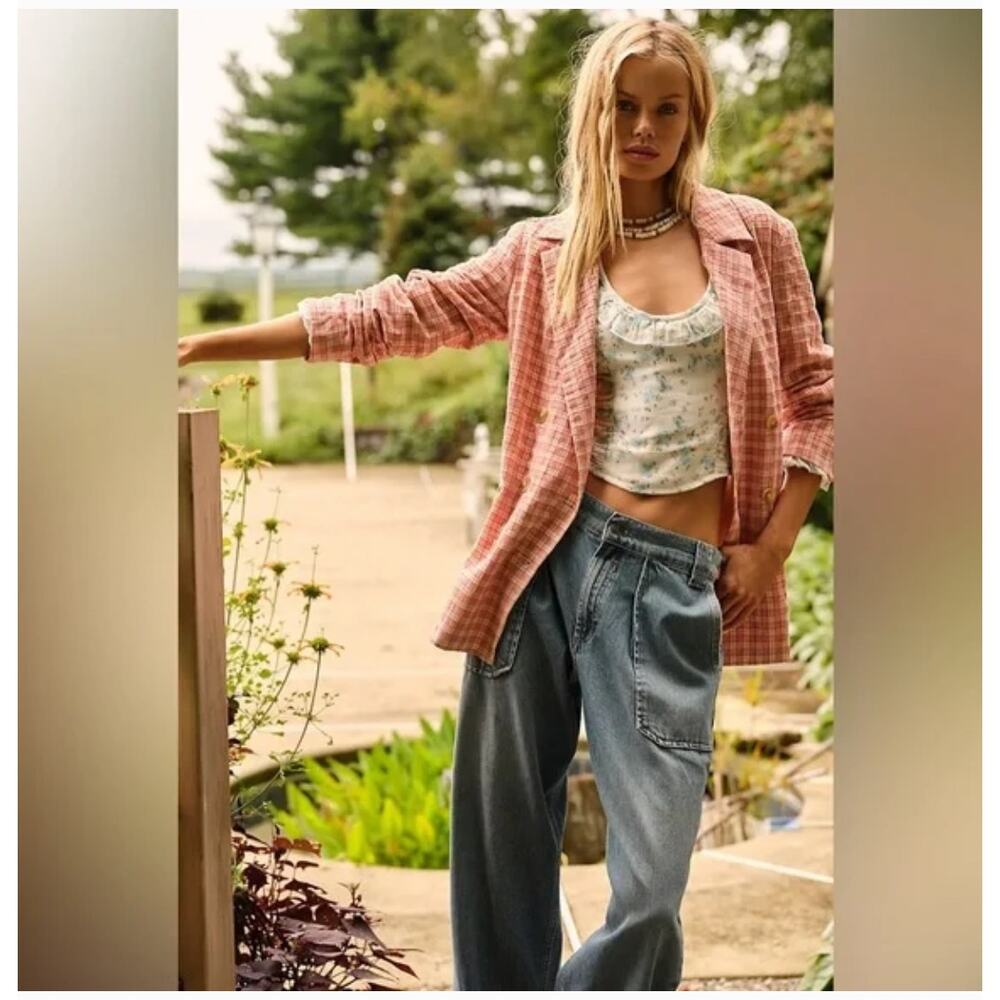 Free People Olivia Gingham Blazer Pink Size Large NWT